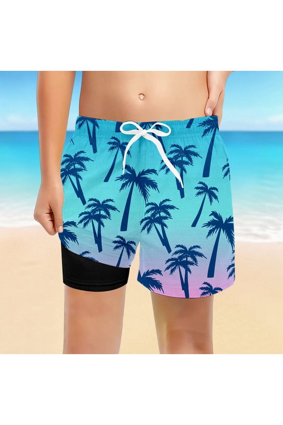 Boys Tropical Print Swim Shorts Coconut Tree Graphic Beach Trunks Blue 14-16 Years