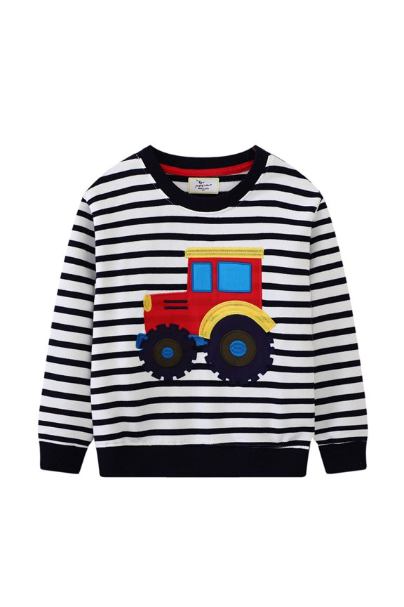 Boys Truck Striped Sweatshirt Cute Construction Vehicle Graphic Crewneck Pullover Soft Long Sleeve Cotton Clothes Tops for Kids