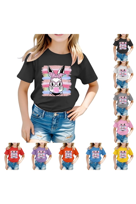 Children's Easter Bunny Print Tee Casual Loose Short Sleeve T-Shirt Top for Kids Holiday Graphic Cotton Shirt Breathable Summer Clothes for Boys Girls Festive Sunday School Wear