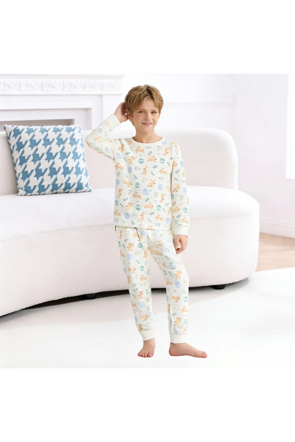 Childrens Easter Loungewear Set, Toddler Boys Girls Cartoon Print Long Sleeve Shirt and Pants 2-Piece Outfit, Trendy Holiday Clothing Set, Soft Cotton Festive Loungewear for Spring Break