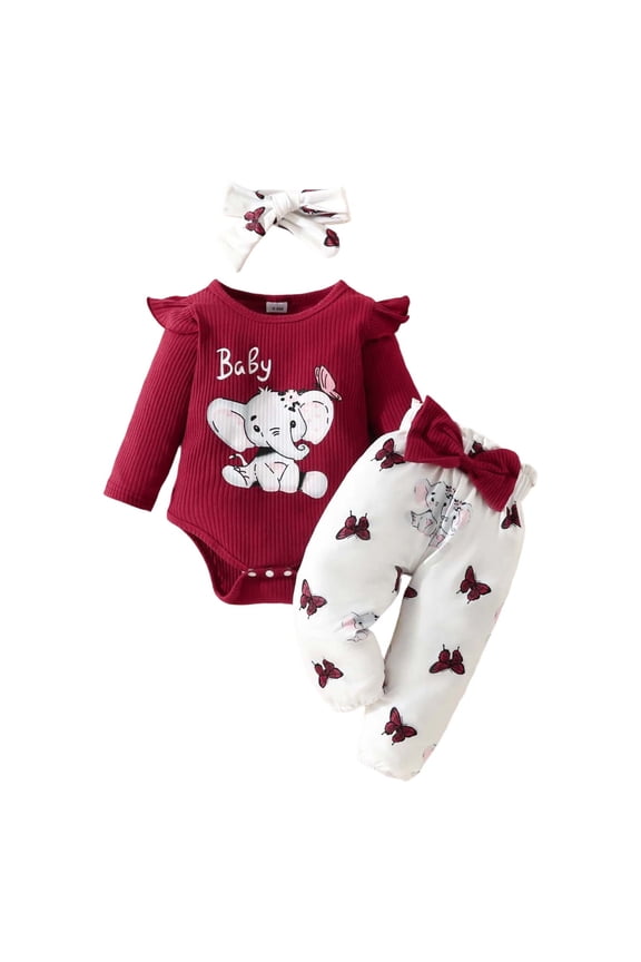 Christmas Girls Outfits Sets Winter Baby Long Sleeve Ribbed Elephant Print Romper Pants Headb Outfit Soft Playwear Casual Wear Clothing Sets,Size 12-18 Months
