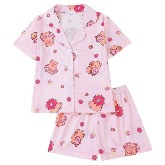 RTKFRFLM Christmas Girls Pajamas Set 2 Piece Short Sleeve Shorts Cardigan Print Pajamas Kids And Sleepwear Nightgown Pjs Loungewear,Size 4Y