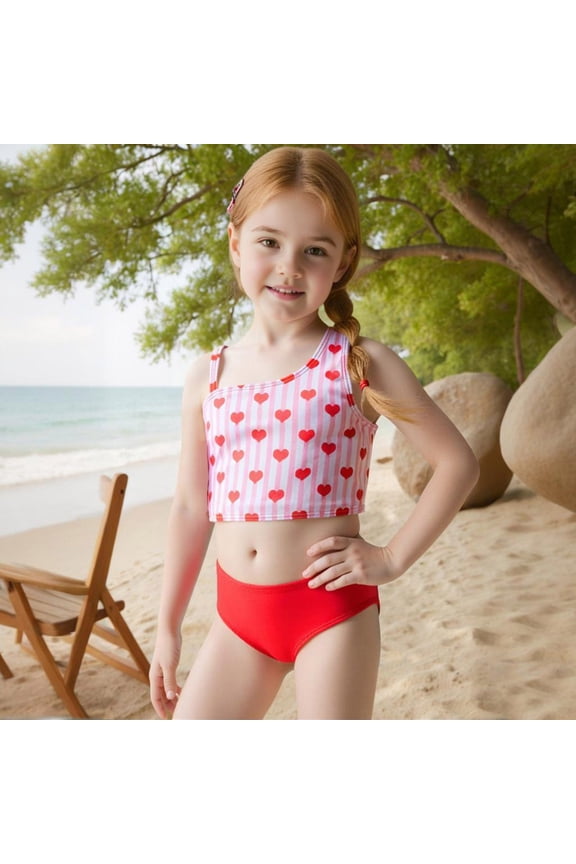 Girls 2-Piece Bikini Set Heart Stripe Print Trendy Bathing Suit for Kids Perfect for Beach Photos & Summer Fun