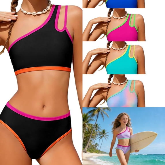 RTKFRFLM Girls 2-Piece Bikini Swimsuit One Shoulder Color Block Bathing Suit High Waisted Beach Swimwear with Padded for Kids
