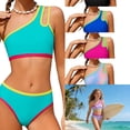 thumbnail image 1 of RTKFRFLM Girls 2-Piece Bikini Swimsuit One Shoulder Color Block Bathing Suit High Waisted Beach Swimwear with Padded for Kids, 1 of 7