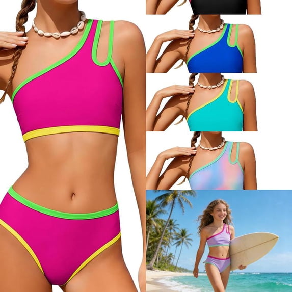 RTKFRFLM Girls 2-Piece Bikini Swimsuit One Shoulder Color Block Bathing Suit High Waisted Beach Swimwear with Padded for Kids