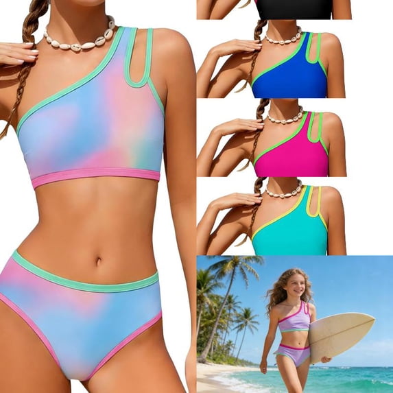 RTKFRFLM Girls 2-Piece Bikini Swimsuit One Shoulder Color Block Bathing Suit High Waisted Beach Swimwear with Padded for Kids