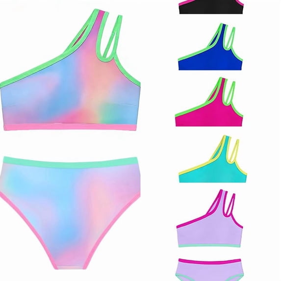 RTKFRFLM Girls 2-Piece Bikini Swimsuit One Shoulder Color Block Bathing Suit High Waisted Swimwear with Removable Pads for