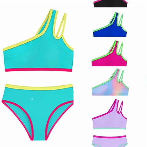 RTKFRFLM Girls 2-Piece Bikini Swimsuit One Shoulder Color Block Bathing Suit High Waisted Swimwear with Removable Pads for