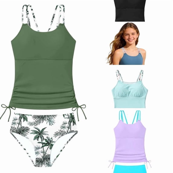 RTKFRFLM Girls 2-Piece Bikini Swimsuit Set Printed Tankini Top with Boy Shorts Drawstring Bathing Suit for Kids Sizes 7-16 Years