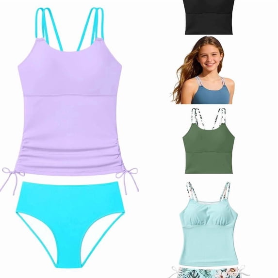 RTKFRFLM Girls 2-Piece Bikini Swimsuit Set Printed Tankini Top with Boy Shorts Drawstring Bathing Suit for Kids Sizes 7-16 Years