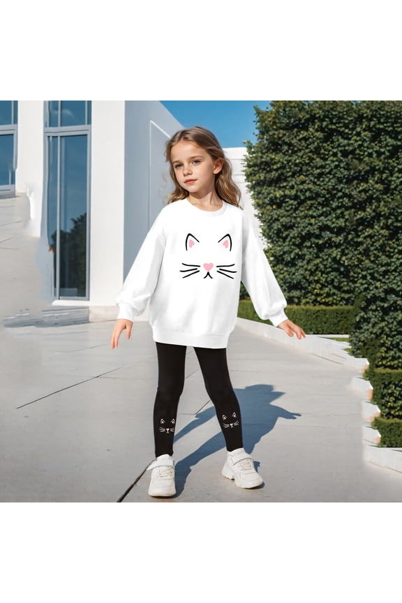 Girls 2-Piece Cat Face Graphic Outfit Crewneck Long Sleeve Sweatshirt and Matching Leggings Set Cute Animal Theme Casual Playwear and Sportswear for Toddlers and Little Girls Sets