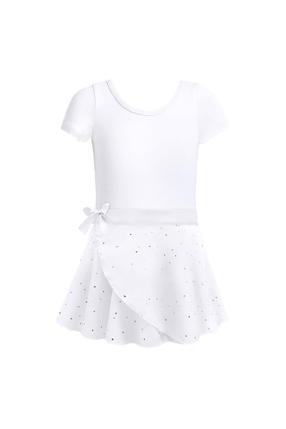 Girls 2 Piece Gymnastics Outfit Heart Print Short Sleeve Ballet Leotard and Tutu Skirt Set for Kids Dance Performance Training School Art Class White 2-3 Years