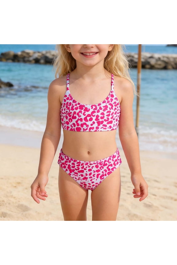 Girls 2-Piece Leopard Bikini Set Sleeveless Cheetah Print Bathing Suit for Big Kids Ages 7-12 Summer Beach Wear