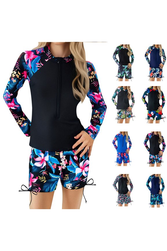 Girls 2-Piece Long Sleeve Rash Guard Professional Athletic Print Diving Suit for Big Kids UV Sun Protection