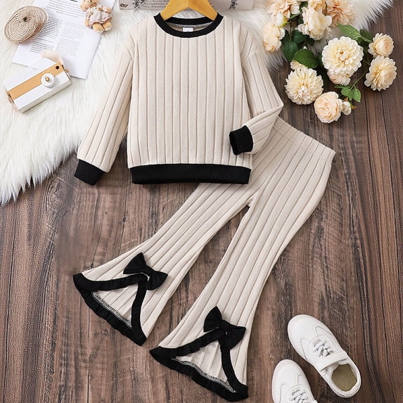 RTKFRFLM Girls 2-Piece Ribbed Set Long Sleeve Crewneck Top and Flare Leg Pants Outfit Beige 5-6 Years