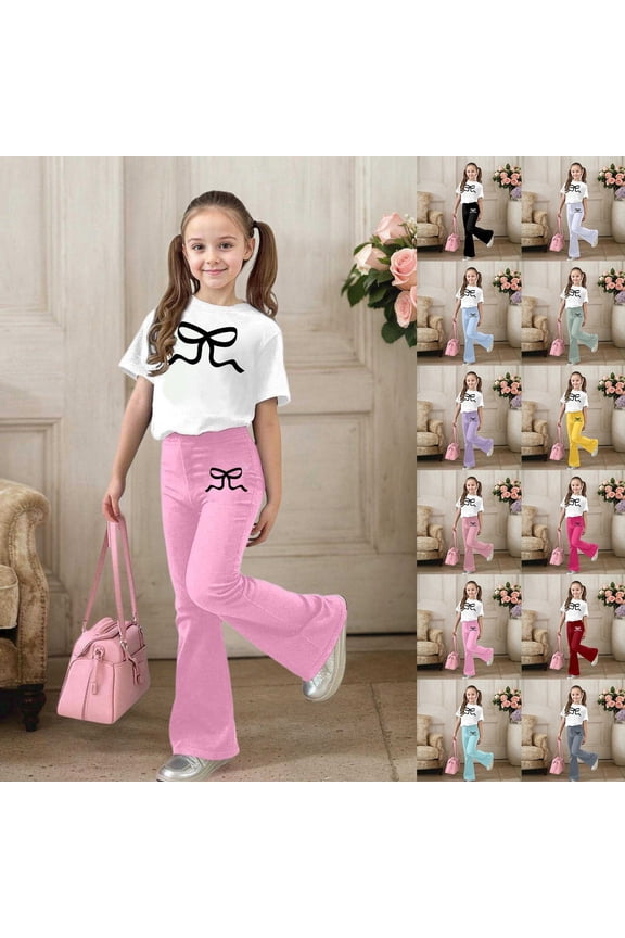 Girls 2-Piece Set Fashionable Long Sleeve Bowknot Top and Matching Flare Leg Bell Bottom Pants Trendy Casual Outfits and School Clothes for Big Girls Ages 5-14 Years Old Sets