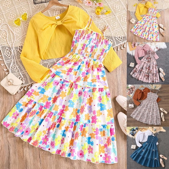 RTKFRFLM Girls 2-Piece Spring Dress Set Long Sleeve Shrug Cardigan and Floral Print Camisole Sundress Outfit Elegant Clothes for Big Girls and Ages 7-12 Years Old