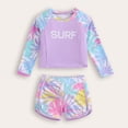 thumbnail image 1 of RTKFRFLM Girls 2-Piece Swimsuit Maple Leaf Print Long Sleeve Rash Guard Set Purple 5-6 Years, 1 of 7