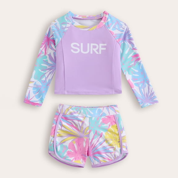 RTKFRFLM Girls 2-Piece Swimsuit Maple Leaf Print Long Sleeve Rash Guard Set Purple 5-6 Years