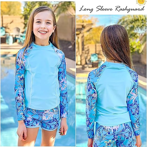 RTKFRFLM Girls 2-Piece Swimsuit Set Long Sleeve Rash Guard and Active Shorts Outfit Pink 4-5 Years