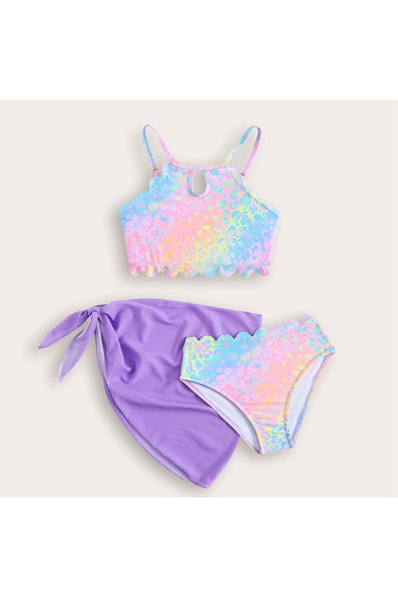 Girls 3-Piece Bikini Set Shiny Metallic Graphic Tank Top and Swimsuit Purple 4-5 Years