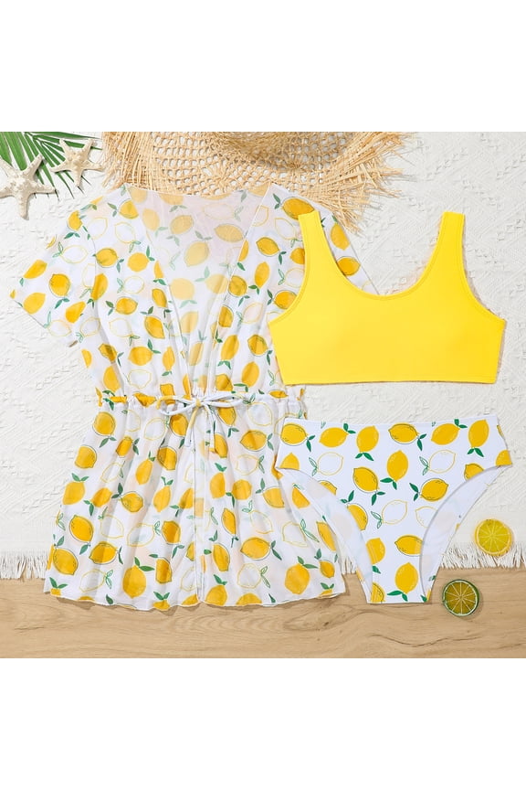 Girls 3-Piece Floral Print Bathing Suit Boutique Style Bikini with Matching Cover-up for Big Kids Summer Wear