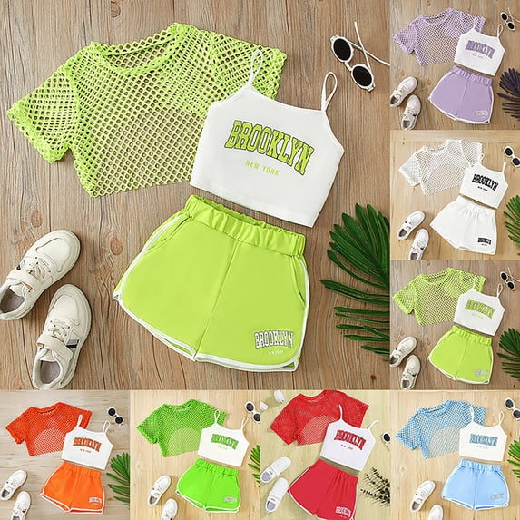RTKFRFLM Girls 3-Piece Summer Outfit Mesh Short Sleeve Top Cami and Letter Print Shorts Light Blue 5-6 Years