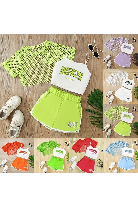 Girls 3-Piece Summer Outfit Mesh Short Sleeve Top Cami and Letter Print Shorts Light Blue 5-6 Years