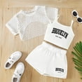 thumbnail image 1 of RTKFRFLM Girls 3-Piece Summer Outfit Mesh Short Sleeve Top Cami and Letter Print Shorts White 160/14Y, 1 of 3