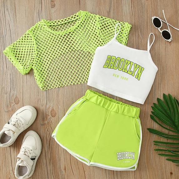 RTKFRFLM Girls 3-Piece Summer Outfit Mesh Short Sleeve Top Cami and Letter Print Shorts Yellow 140-10Y