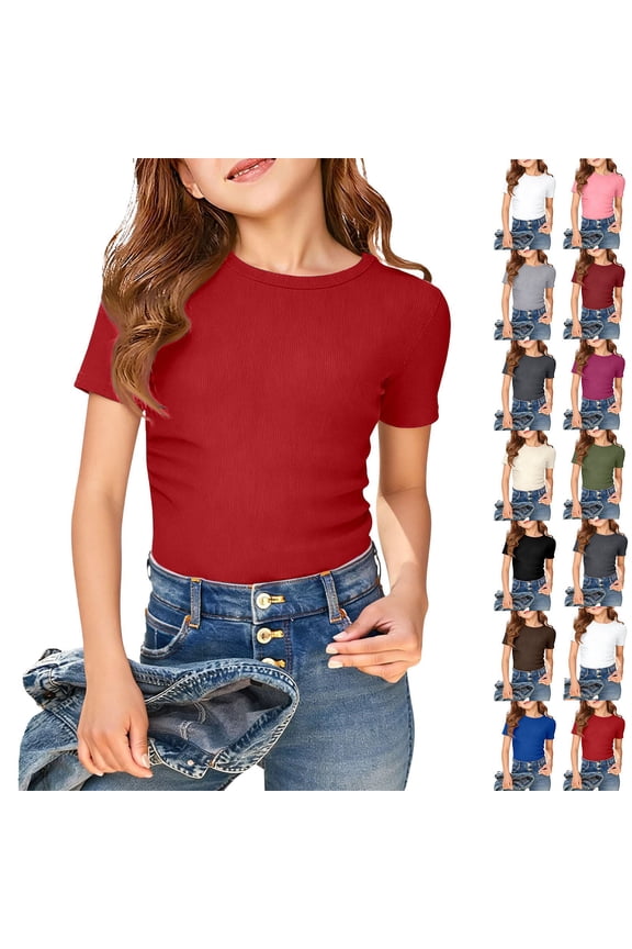 Girls Basic Ribbed Top Short Sleeve Round Neck Solid Color T-Shirt White 9-10 Years