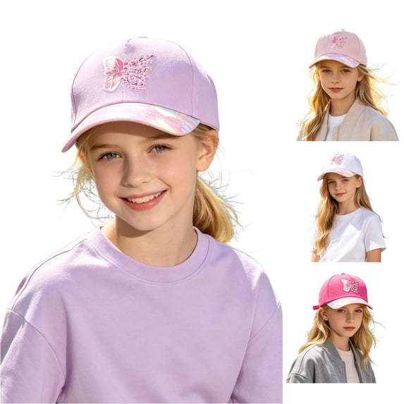 RTKFRFLM Girls Butterfly Embroidered Sequin Baseball Cap Outdoor Adjustable Sun Protection Hat 3-6 Years