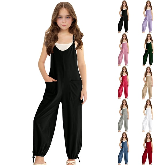 RTKFRFLM Girls Cami Jogger Romper Summer Sleeveless Jumpsuit with Pockets Blue 5-6 Years