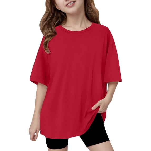 RTKFRFLM Girls Casual Solid Color T-Shirt Loose Fit Crewneck Soft Cotton Short Sleeve Pullover Tee Tops Summer Kids Clothes, Size 4-14Y