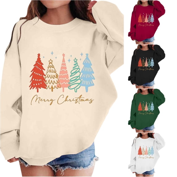 RTKFRFLM Girls Christmas Tree Graphic Crewneck Sweatshirt Winter Holiday Warm Pullover Tops Festive Thermal Winter Shirts for Kids Children Apparel