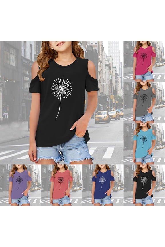 Girls Cold Shoulder Print T-Shirt for Ages 3-12 Years Kids Short Sleeve Open Shoulder Graphic Tee Top Trendy Summer Cotton Shirt Fashionable Cut-Out Shoulder Daily Playwear