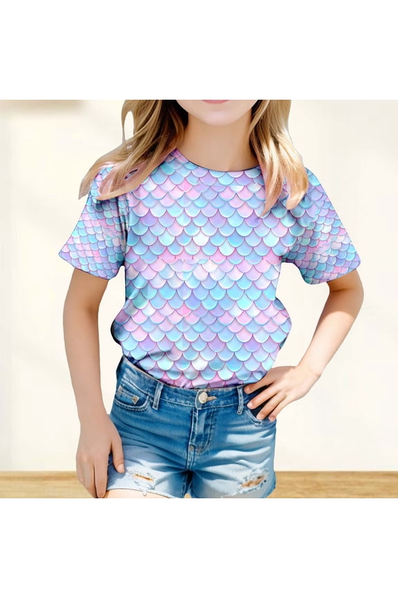 Girls Colorful Fish Scale Print T-Shirt Kids Style Short Sleeve Graphic Tee Top Summer Fashion Cotton Shirt Trendy Toddler Girls Casual Clothes Soft Breathable