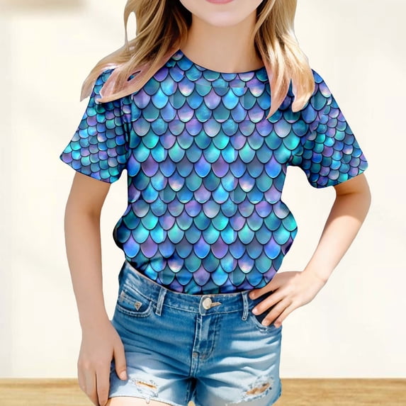 RTKFRFLM Girls Colorful Fish Scale Top Short Sleeve Casual Graphic T-Shirt Dark Blue 8-9 Years