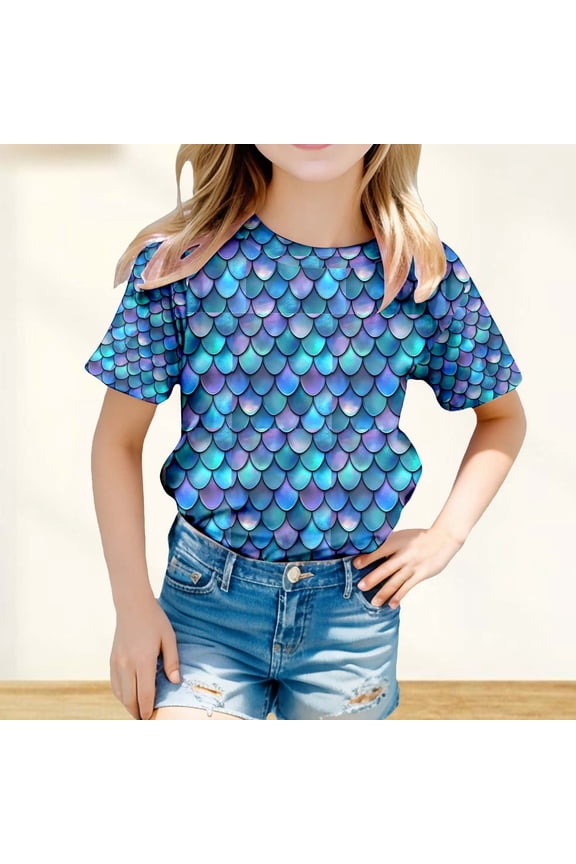 Girls Colorful Fish Scale Top Short Sleeve Casual Graphic T-Shirt Dark