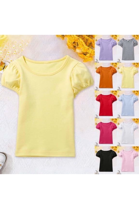 Girls Cotton Bubble Sleeve T-Shirt Fashion Short Sleeve Tee Top for Kids Girls Summer School Daily Wear Soft Breathable Cotton Casual Princess Tee Red 9-10 Years