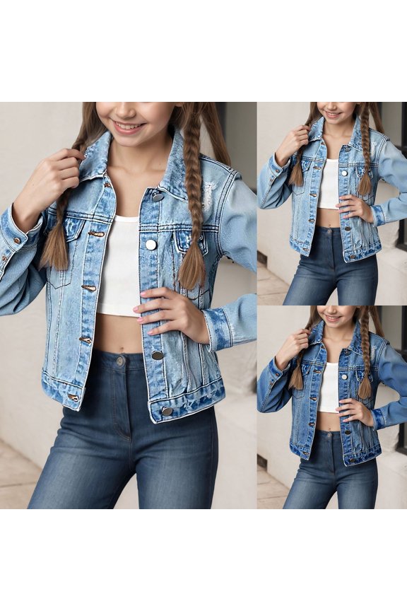 Girls Distressed Denim Jacket Fashionable Lapel Ripped Jean Outerwear Blue 9-10 Years