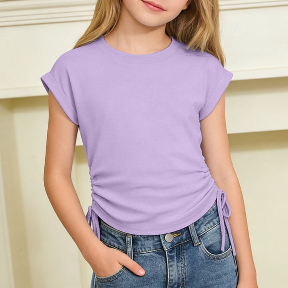 RTKFRFLM Girls Drawstring Summer T-Shirt Casual Crewneck Short Sleeve Shirt Top Red 8-9 Years