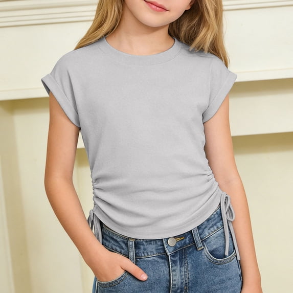 RTKFRFLM Girls Drawstring Summer T-Shirt Casual Crewneck Short Sleeve Shirt Top Red 8-9 Years