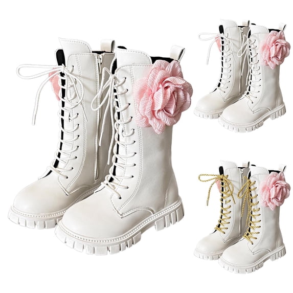 RTKFRFLM Girls Fashionable Tall Boots Gold Lace-up Soft Sole Princess Long Boots Gold 8-9 Years