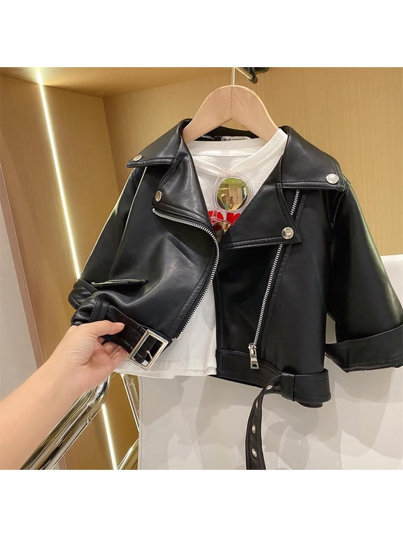 Girls Leather Jacket Chic Style Zippered Coat with Lining BK1 12-18 Months