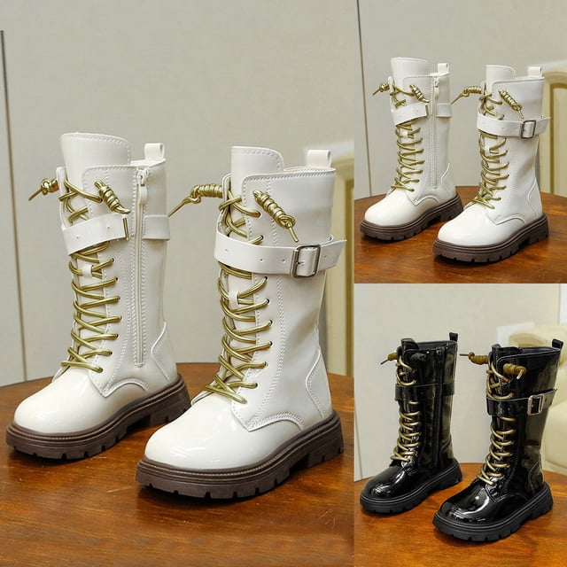 RTKFRFLM Girls Leather Tall Boots Fashionable Lace-up Princess Knee High Boots White 4-4.5 Years