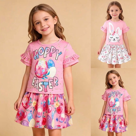RTKFRFLM Girls Festive Easter Set Ruffle Bunny Top and All-over Egg Print Skirt Red 7-8 Years