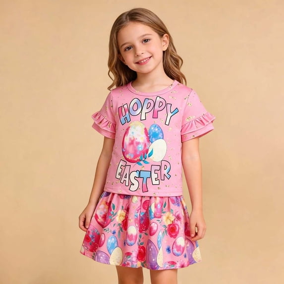 RTKFRFLM Girls Festive Easter Set Ruffle Bunny Top and All-over Egg Print Skirt Red 7-8 Years