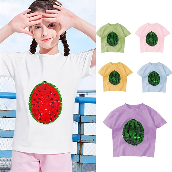 RTKFRFLM Girls Flip Sequin Color Changing Top for Ages 1-8 Years Kids Sparkly Graphic T-Shirt Magic Sequin Short Sleeve Tee Trendy Party Celebration Shirt Soft Breathable Cotton Top